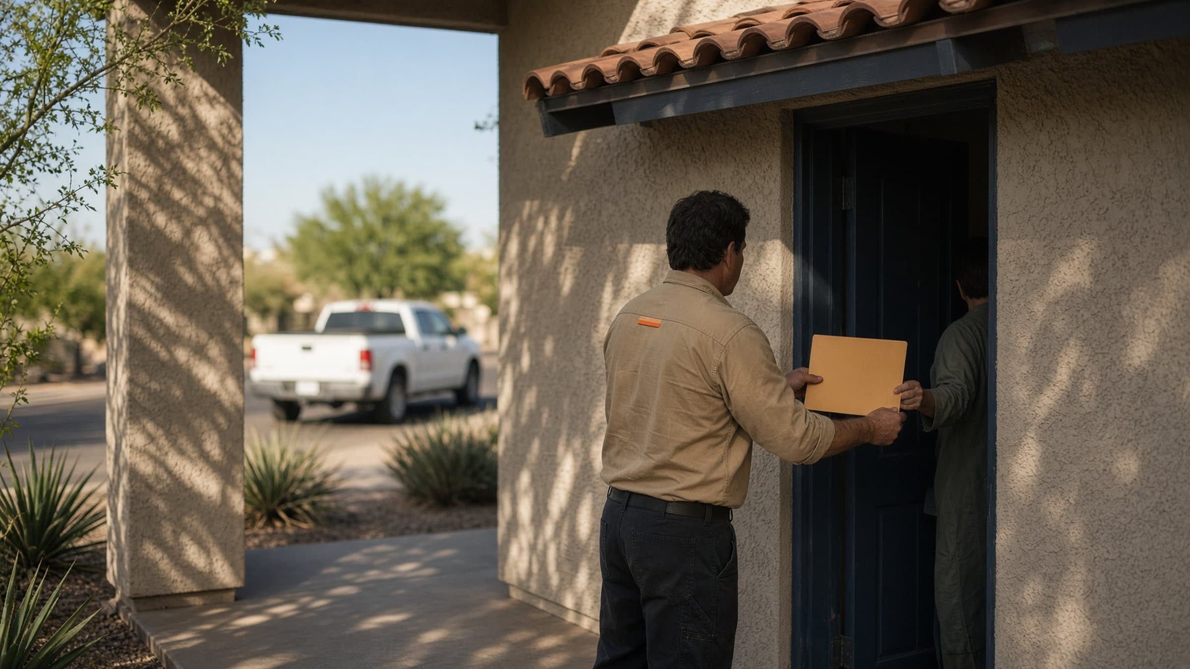 Contractor handing an estimate folder to a homeowner at the front door