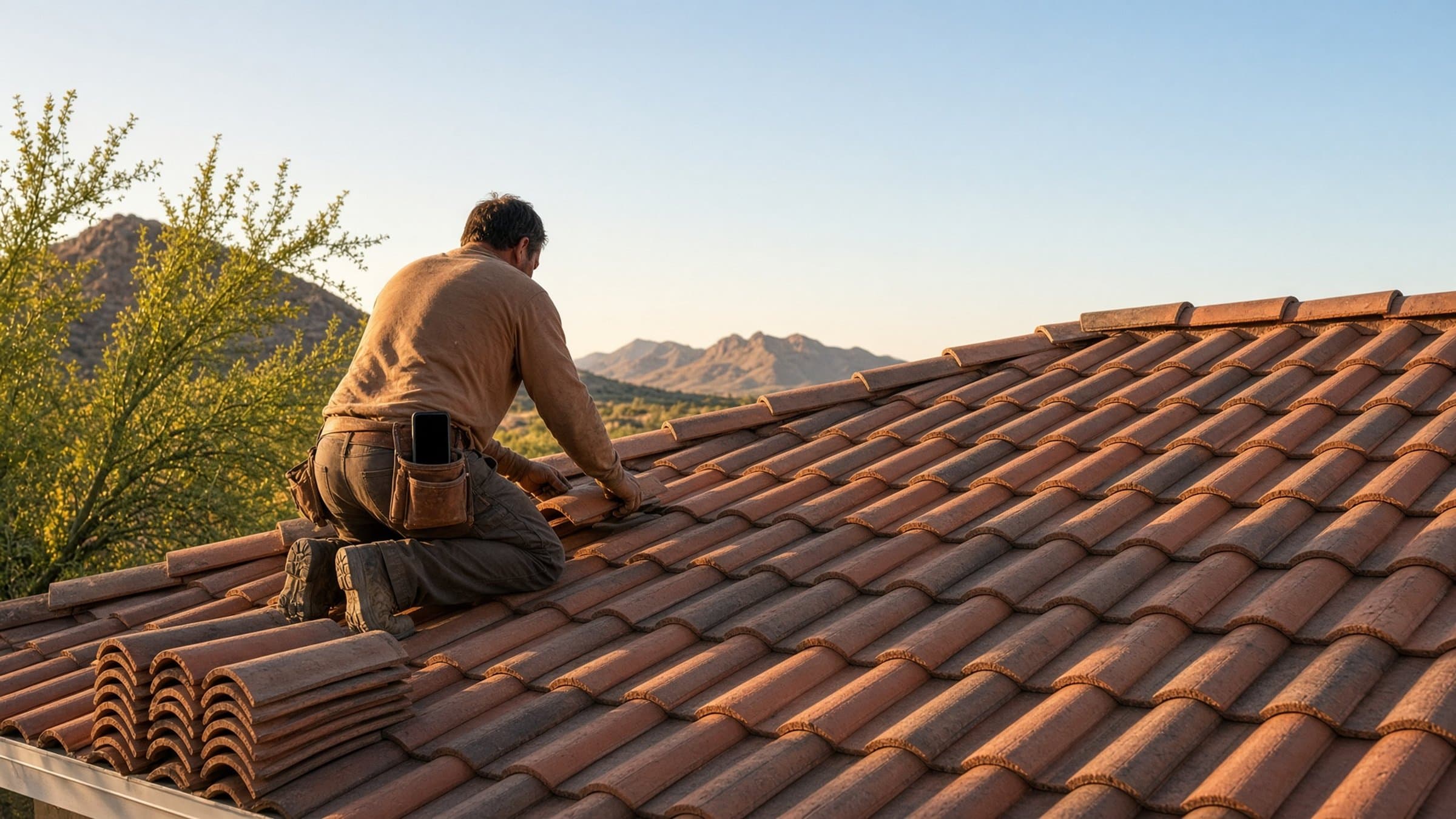 Roofer setting clay tiles on a Phoenix home