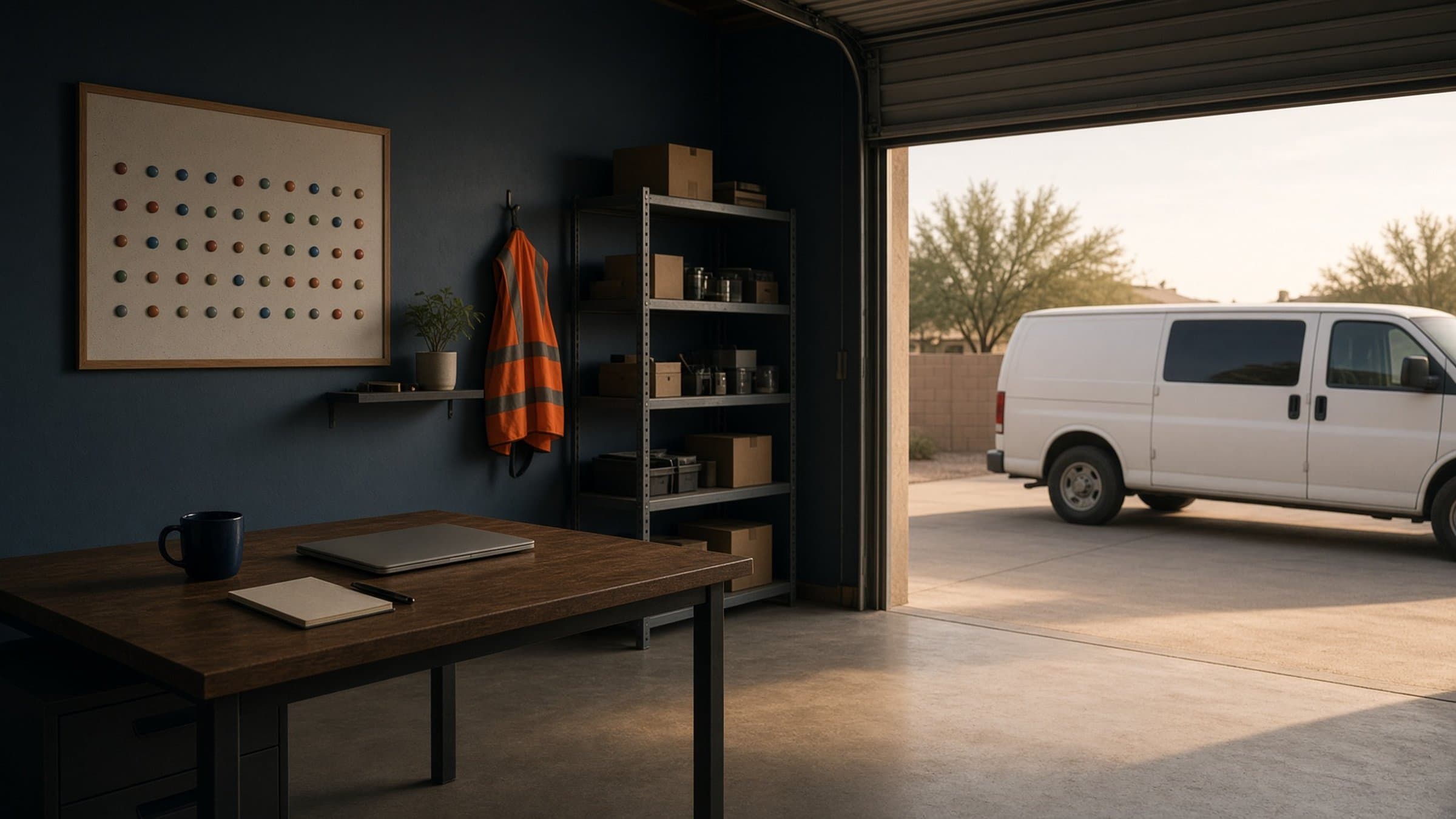 Small home-service dispatch office with a service van outside