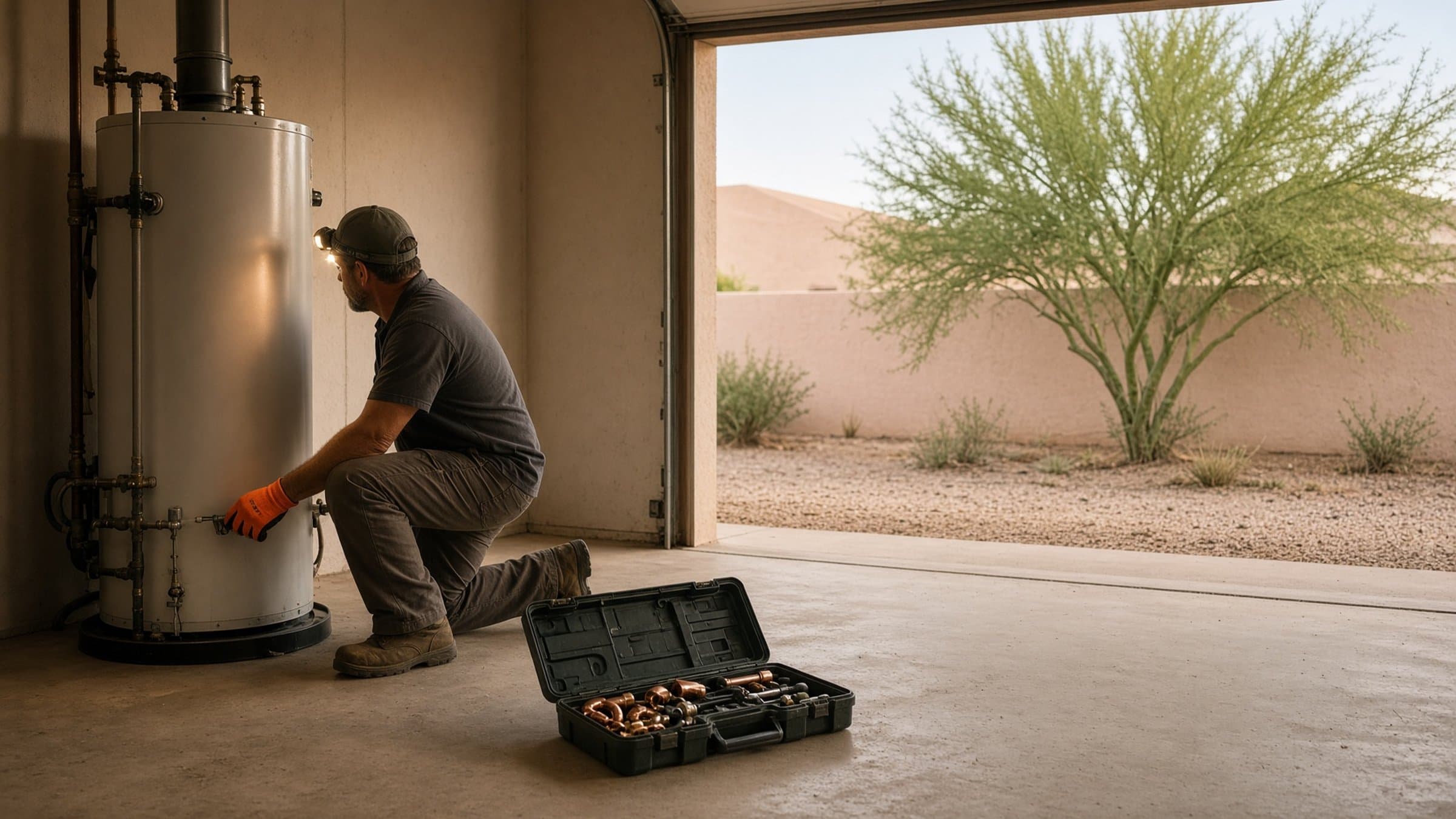 Plumber servicing a water heater in a Phoenix garage